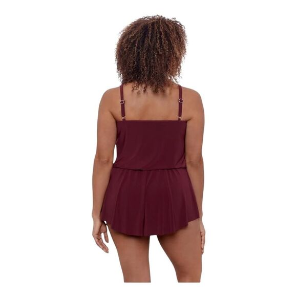 Aqua Green Women Standard Keyhole Blouson Romper Maroon Swimsuit SZ 16W - Picture 6 of 8